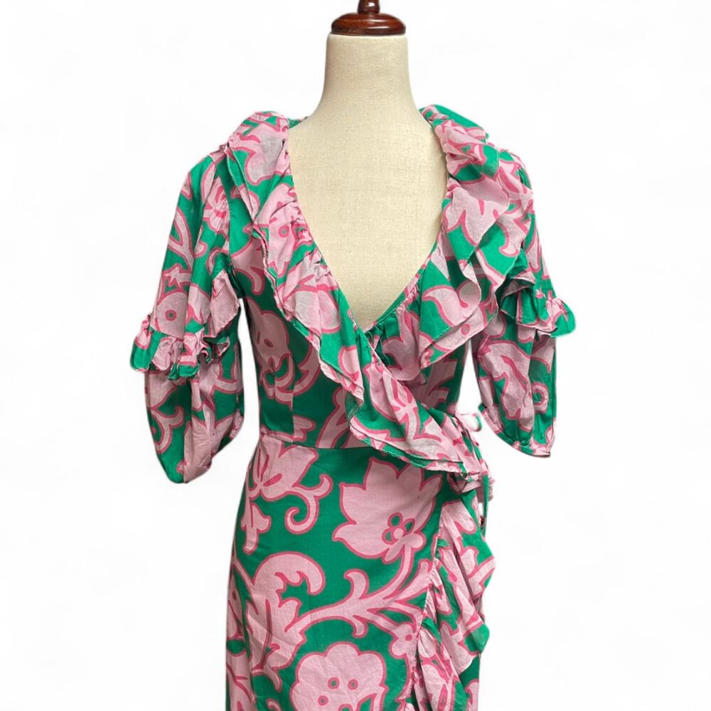Rhode‎ Womens Lydia Take It Easy Pink Green Floral Print Midi Wrap Dress Size XS - Picture 3 of 11